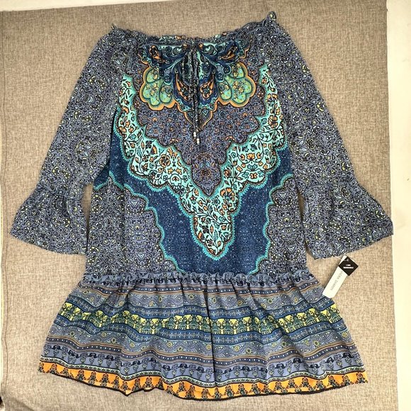 Sandra Darren Floral Dress size 10 Off the Shoulder Bell Long Sleeves Brand New‎ - Picture 1 of 16